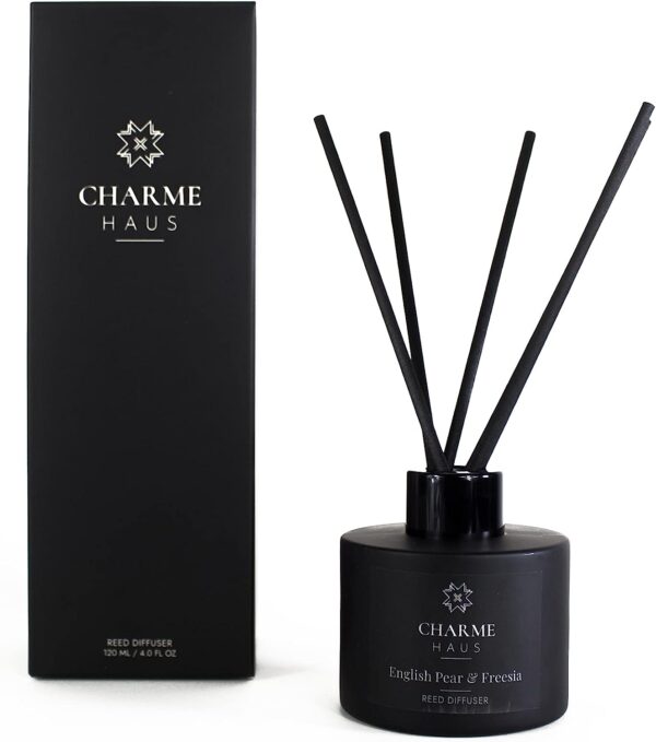 Reed Diffuser, Includes 5 Fiber Sticks, Home Goods Perfect for Stress Relieving, Decorating, and harmonizing Any Space. (English Pear, and Freesia)