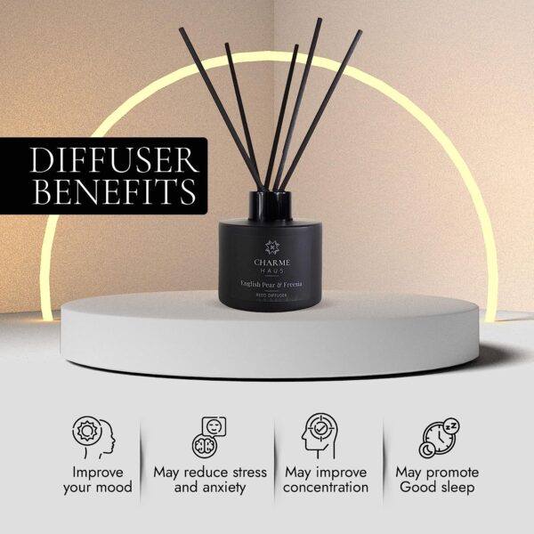 Reed Diffuser, Includes 5 Fiber Sticks, Home Goods Perfect for Stress Relieving, Decorating, and harmonizing Any Space. (English Pear, and Freesia) - Image 4