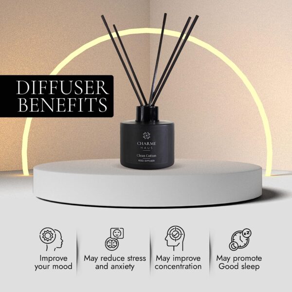 Reed Diffuser, Includes 5 Fiber Sticks, Home Goods Perfect for Stress Relieving, Decorating, and harmonizing Any Space. (Clean Cotton) - Image 7