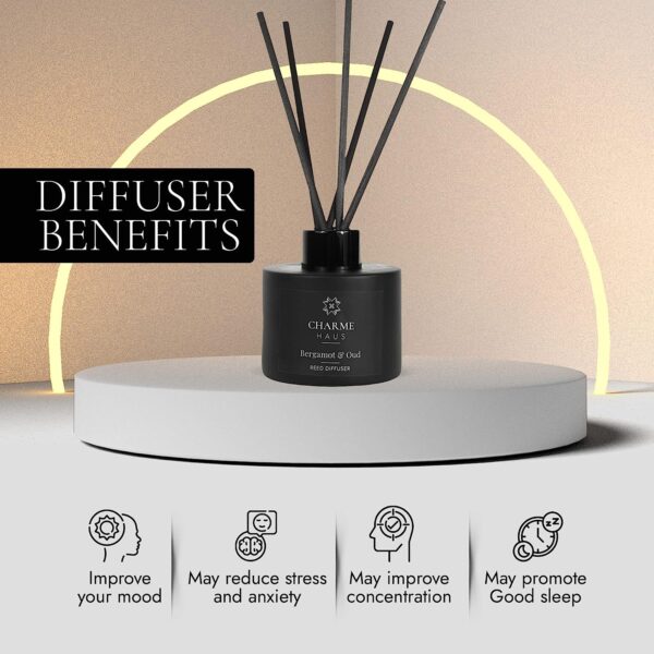 Reed Diffuser, Includes 5 Fiber Sticks, Home Goods Perfect for Stress Relieving, Decorating, and harmonizing Any Space. (Oud & Bergamot) - Image 6