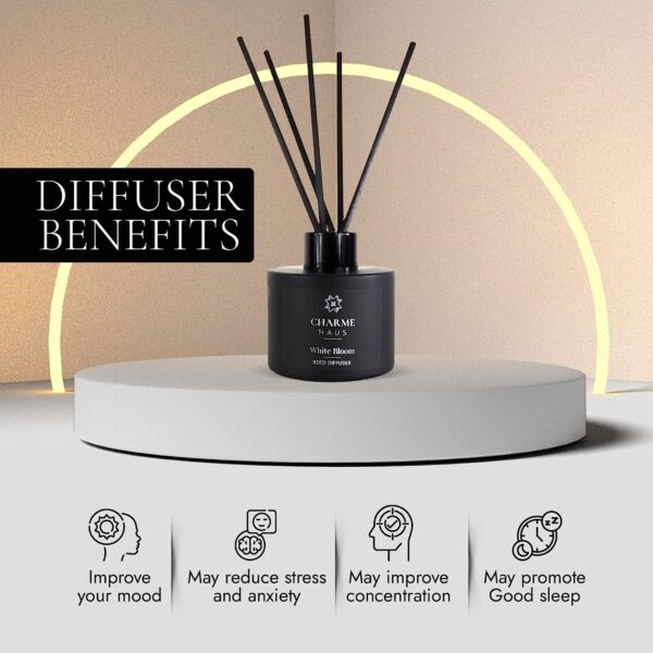 Reed Diffuser, Includes 5 Fiber Sticks, Home Goods Perfect for Stress Relieving, Decorating, and harmonizing Any Space. (White Bloom) - Image 7